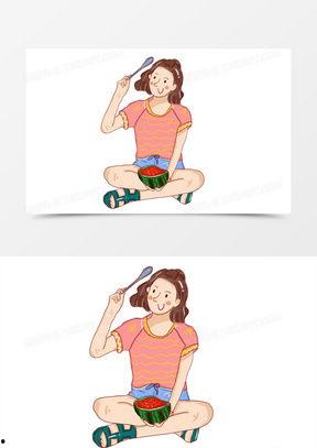 吃瓜少女手绘图片,描绘夏日悠闲时光